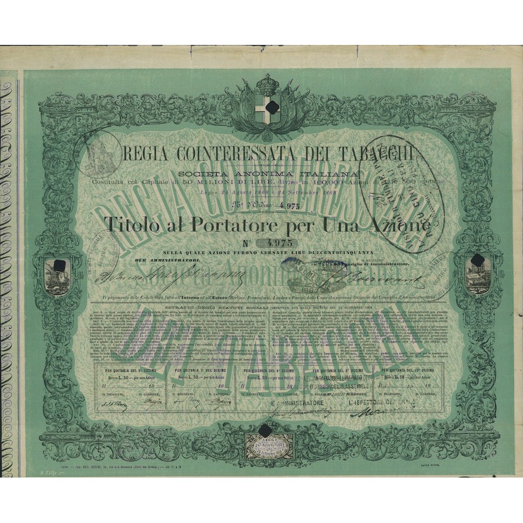 REGIA COINTERESSATA DEI TABACCHI - 1 AZIONE 1868