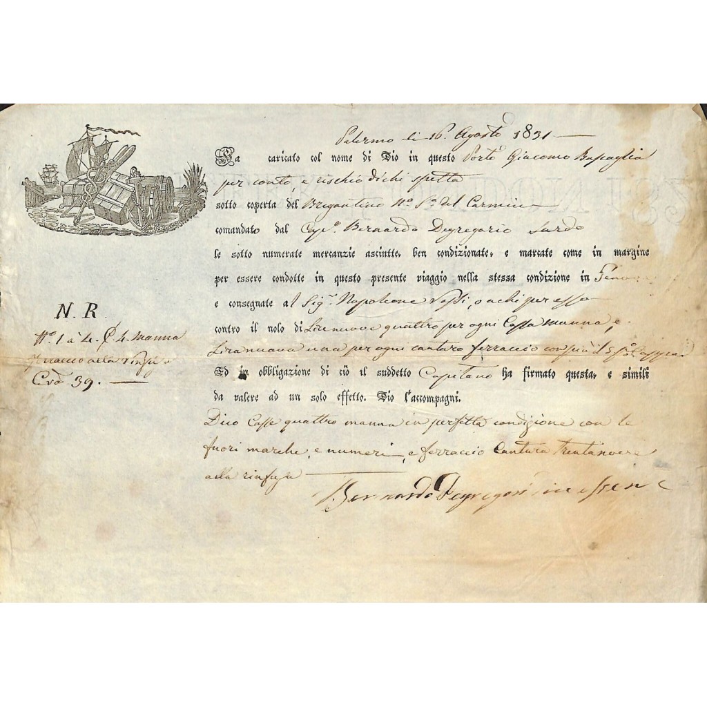 1831 - POLIZZA DI CARICO DA PALERMO A GENOVA