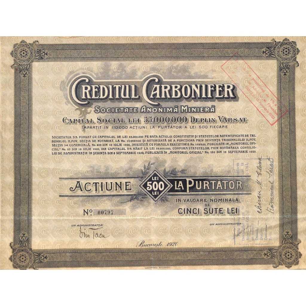 1920 - CREDITUL CARBONIFER - SOCIETATE ANONIMA...