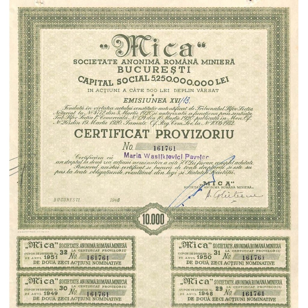 1946 - MICA - SOC. ANONIMA ROMANA MINIERA - 10000 LEI