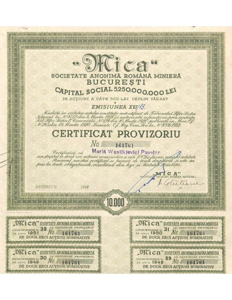 1946 - MICA - SOC. ANONIMA ROMANA MINIERA - 10000 LEI