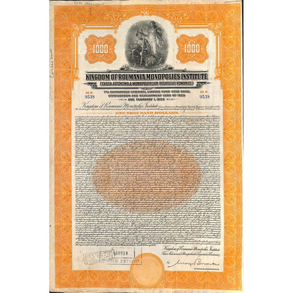 1929 - KINGDOM OF ROUMANIA MONOPOLIES INSTITUTE - 1000 $