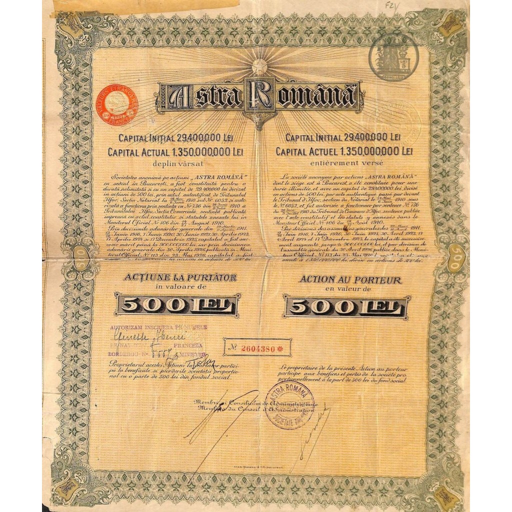 1927 - ASTRA ROMANA (CAP. SOC. 1.350.000.000 LEI)
