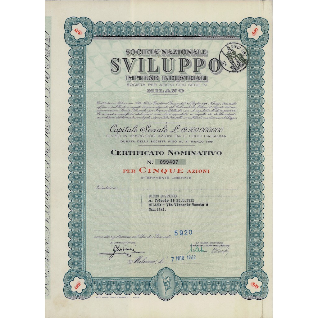 SOC. NAZIONALE SVILUPPO IMPRESE INDUSTRIALI - 5 AZIONI MILANO 1962