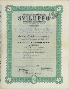 SOC. NAZIONALE SVILUPPO IMPRESE INDUSTRIALI - 2 AZIONI MILANO 1957