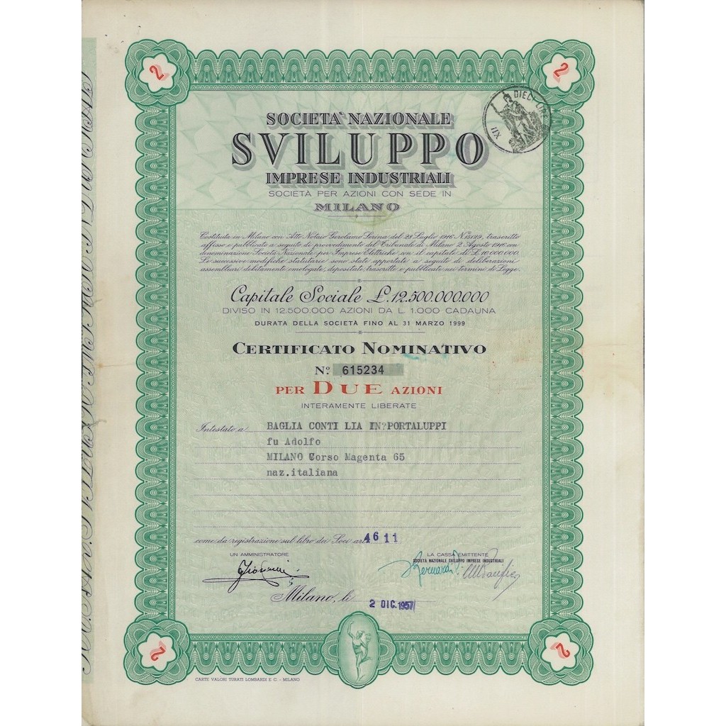 SOC. NAZIONALE SVILUPPO IMPRESE INDUSTRIALI - 2 AZIONI MILANO 1957