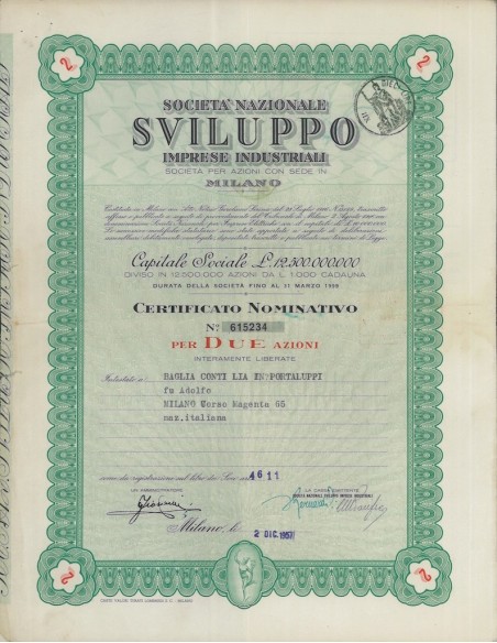 SOC. NAZIONALE SVILUPPO IMPRESE INDUSTRIALI - 2 AZIONI MILANO 1957