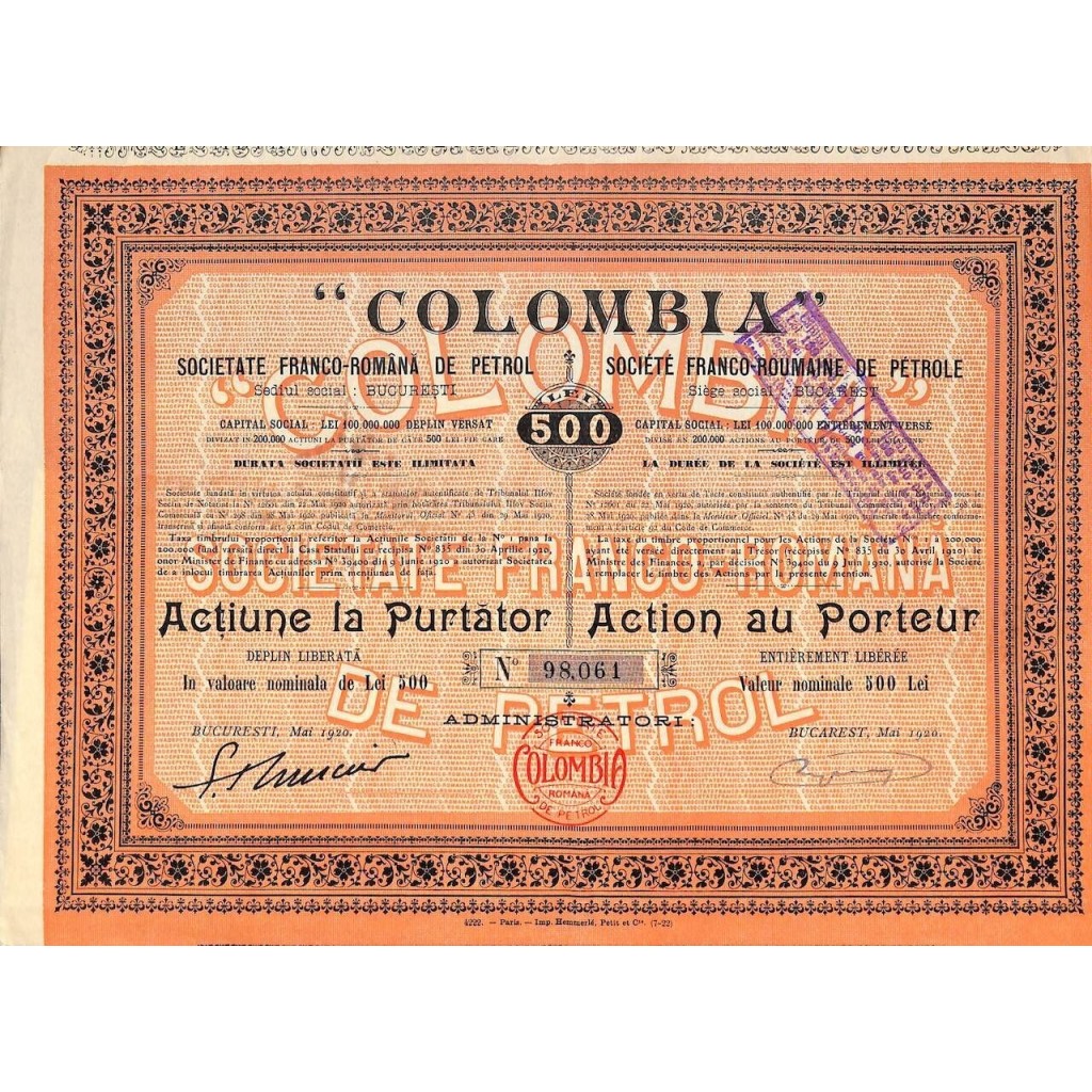 1920 - COLOMBIA - SOC. FRANCO-ROMANA DE PETROL