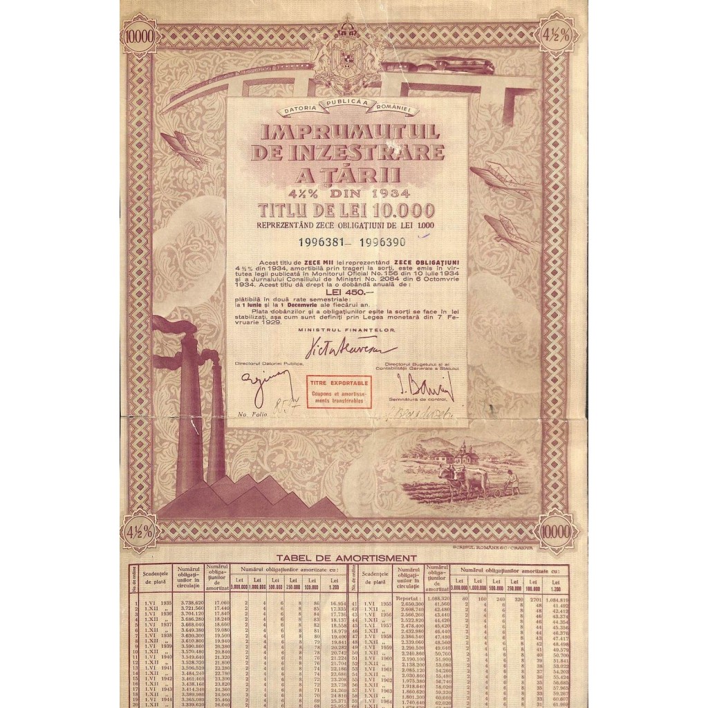 1934 - KINGDOM OF ROUMANIA LOAN IMPRUMUTUL DE INZESTRARE A TARII - 4 1/2% - 10.000 LEI PUBLIC DEBT