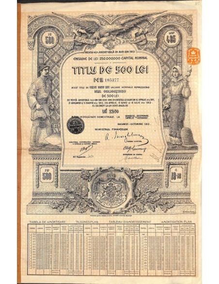 1913 - KINGDOM OF ROUMANIA LOAN DATORIA PUBLICA - 4 1/2% - 500 LEI PUBLIC DEBTDATORIA PUBLICA A ROMANIEI - 1 OBBLIGAZIONE