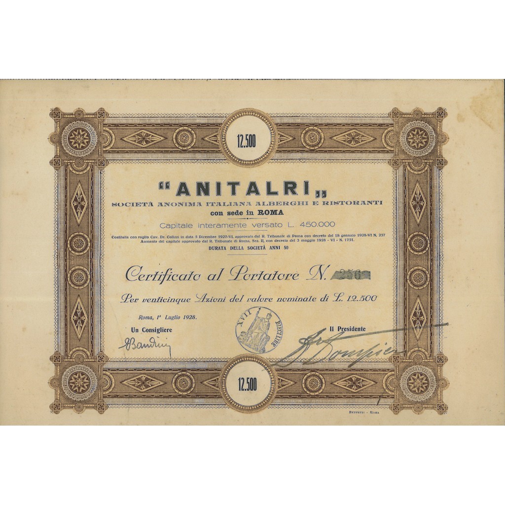 ANITALRI SOC. ANON. ITALIANA ALBERGHI E RISTORANTI - 25 AZIONI ROMA 1928