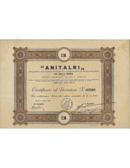 ANITALRI SOC. ANON. ITALIANA ALBERGHI E RISTORANTI - 25 AZIONI ROMA 1928