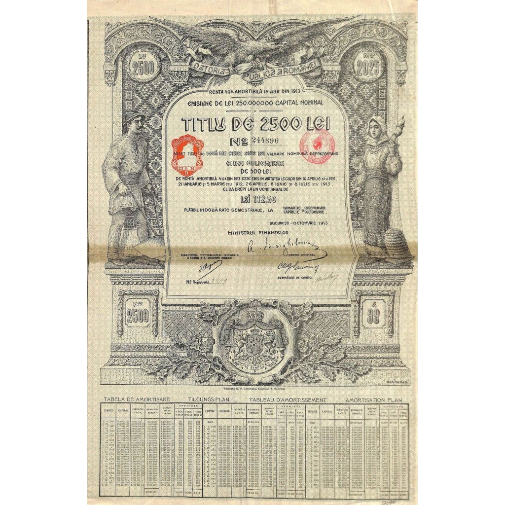1913 - KINGDOM OF ROUMANIA LOAN DATARIA PUBLICA A ROMANIEI - 4 1/2% - 2500 LEI PUBLIC DEBT  - 5 OBBLIGAZIONI
