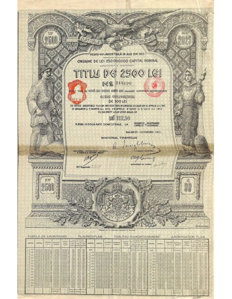 1913 - KINGDOM OF ROUMANIA LOAN DATARIA PUBLICA A ROMANIEI - 4 1/2% - 2500 LEI PUBLIC DEBT  - 5 OBBLIGAZIONI