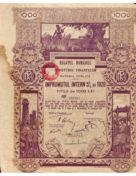 1920 - KINGDOM OF ROUMANIA INTERNAL LOAN 5% REGATUL ROMANIEI - MINISTERUL FINANTELOR - 1000 LEI