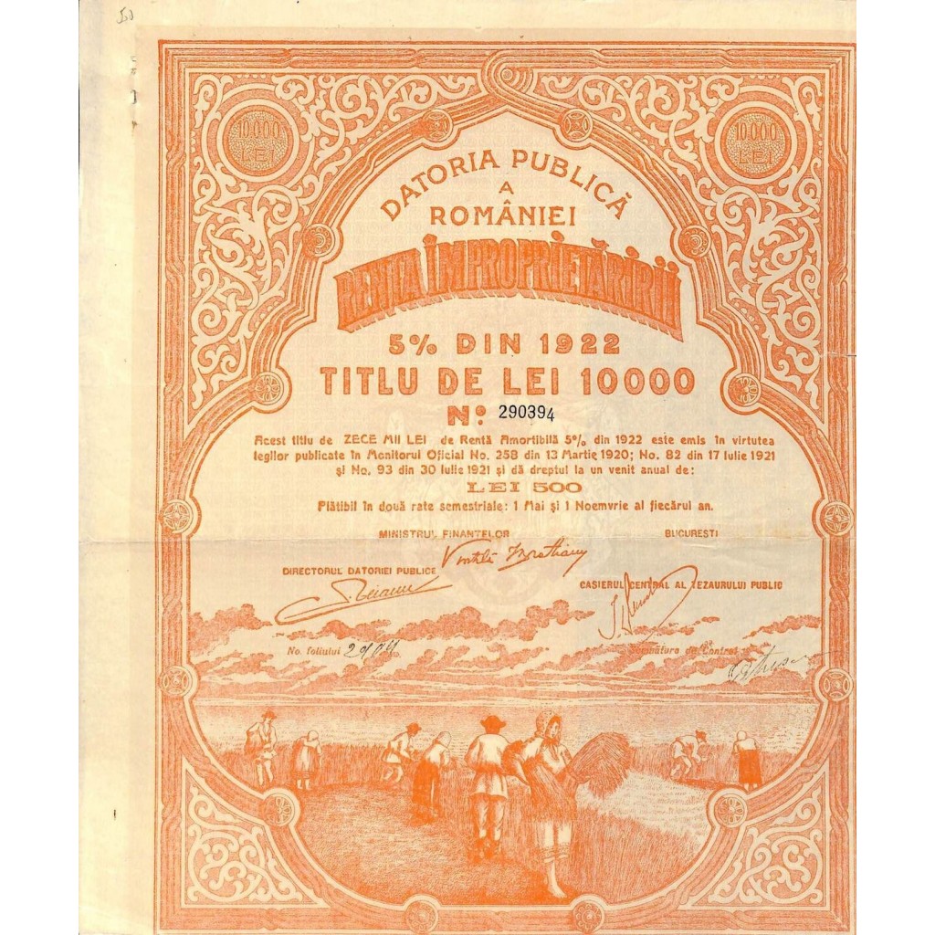 1922 - KINGDOM OF ROUMANIA LOAN DATORIA PUBLICA...