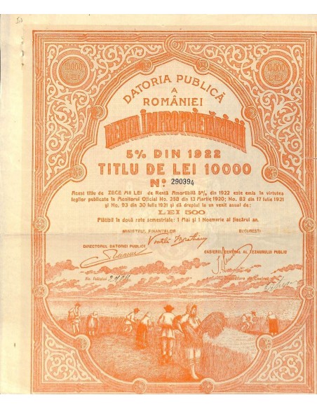 1922 - KINGDOM OF ROUMANIA LOAN DATORIA PUBLICA - 5% - 10.000 LEI - RENTA IMPROPRIETARIRII