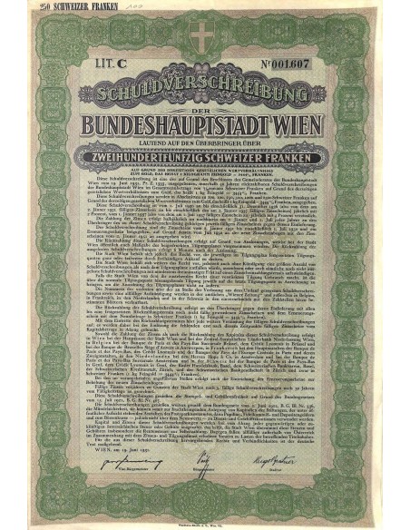 1931 - GOLD BOND SCHULDVERSCHREIBUNG DER BUNDESHAUPTSTADT WIEN