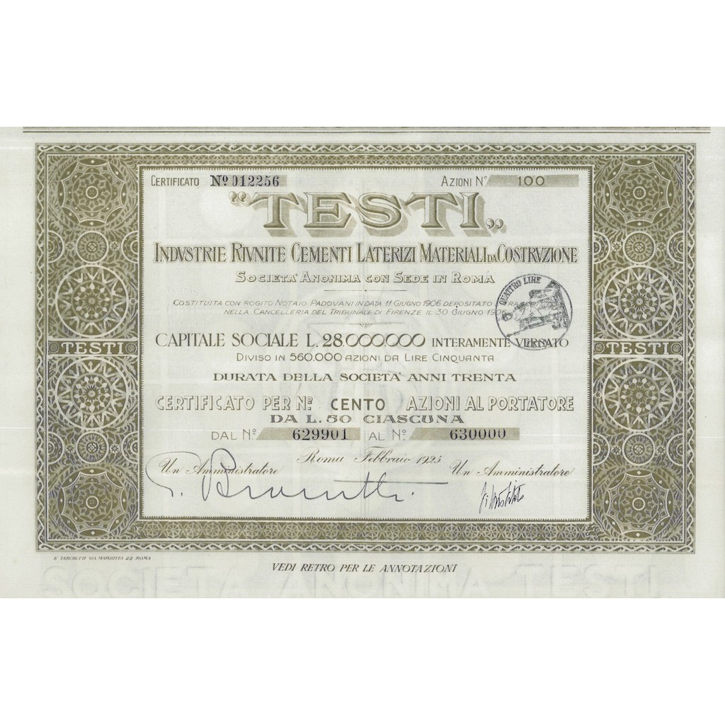 TESTI IND. RIUNITE CEMENTI LATERIZI MATERIALI DA COSTRUZIONE-100 AZIONI ROMA 1925