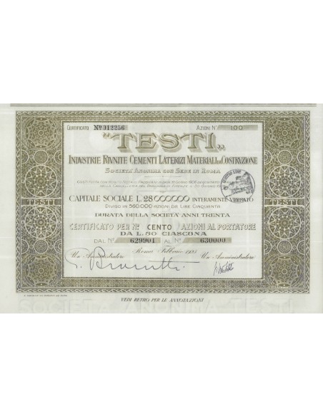 TESTI IND. RIUNITE CEMENTI LATERIZI MATERIALI DA COSTRUZIONE-100 AZIONI ROMA 1925