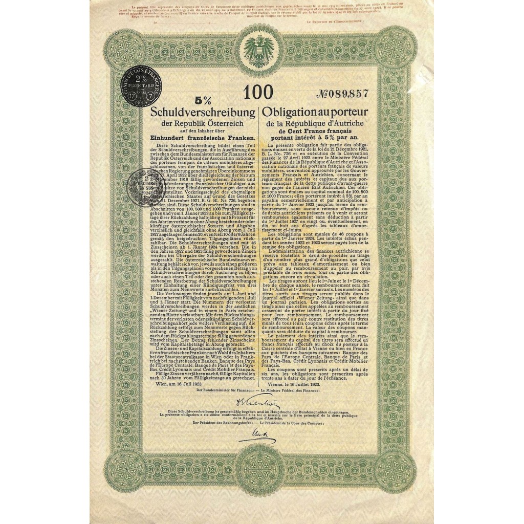 1923 - 5% SCHULDVERSCHREIBUNG DER REPUBLICK...