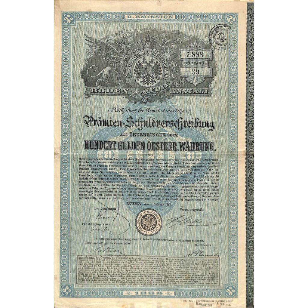 1889 - GOLD BOND PRAMIEN-SCHULDVERSCHREIBUNG...