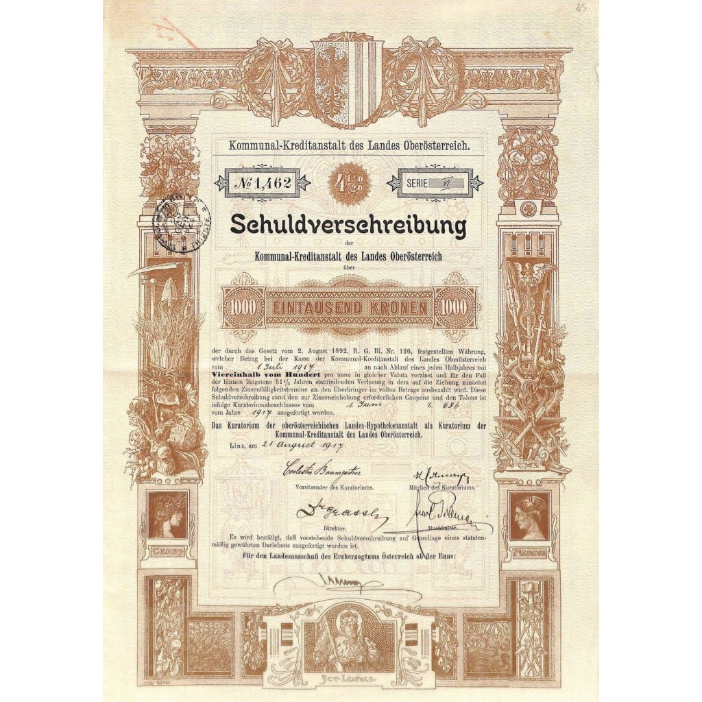 1917 - SCHULDVERSCHREIBUNG DER KOMMUNAL-KREDITANSALT DES LANDES OBEROSTERREICH 1000 KRONE
