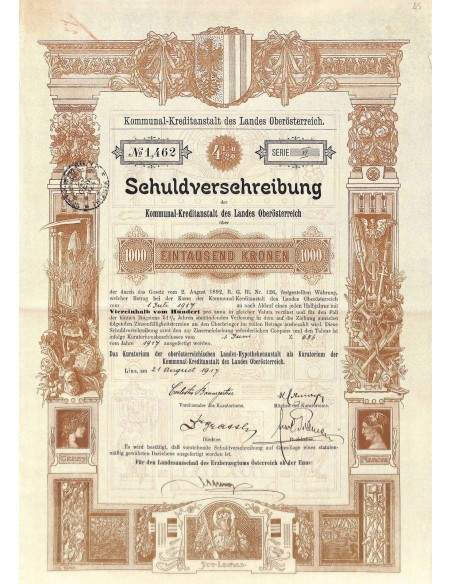 1917 - SCHULDVERSCHREIBUNG DER KOMMUNAL-KREDITANSALT DES LANDES OBEROSTERREICH 1000 CORONE