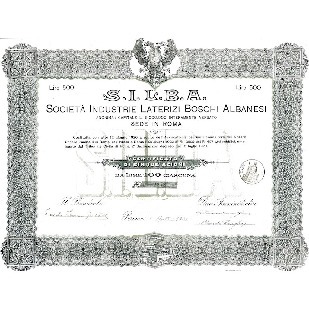 S.I.L.B.A. SOC. INDUSTRIE LATERIZI BOSCHI ALBANESI 5 AZIONI ROMA 1920