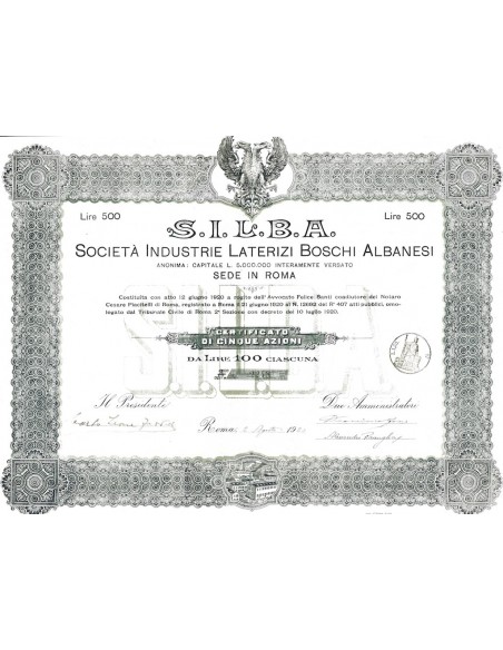 S.I.L.B.A. SOC. INDUSTRIE LATERIZI BOSCHI ALBANESI 5 AZIONI ROMA 1920
