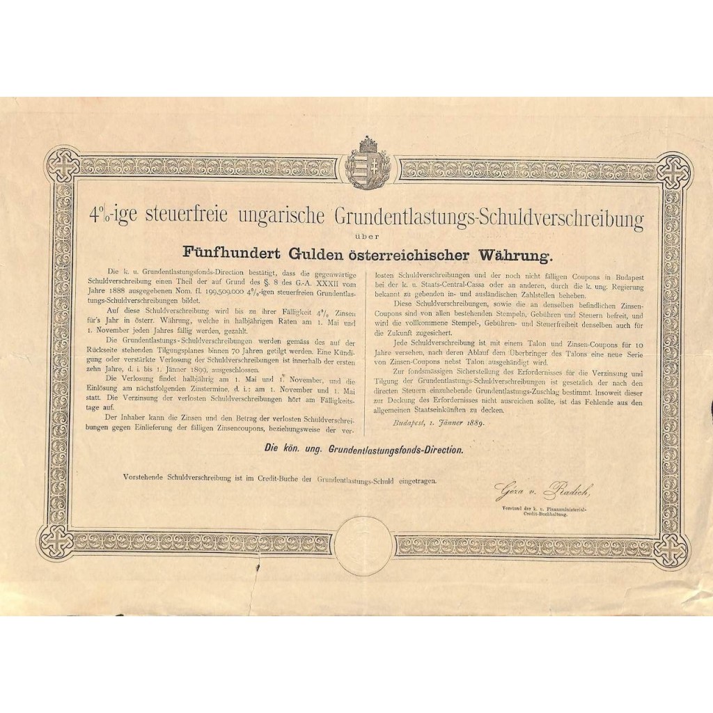 1889 - GOLD BOND FUNFHUNDERT GULDEN OSTERR....