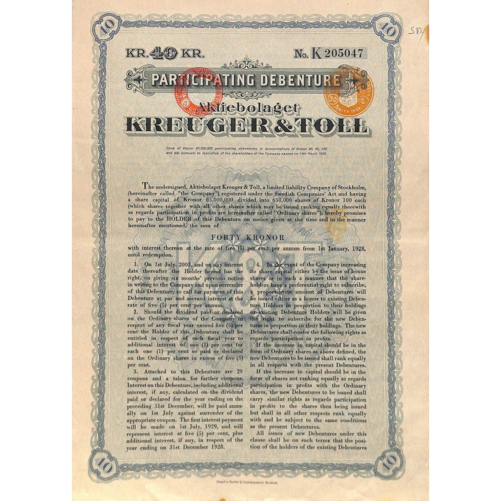 1928 - PARTICIPATING DEBENTURE AKTIEBOLAGET KREUGER E TOLL