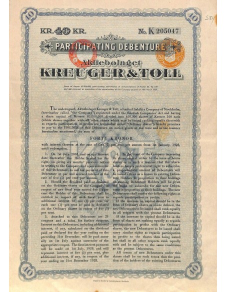 1928 - PARTICIPATING DEBENTURE AKTIEBOLAGET KREUGER E TOLL