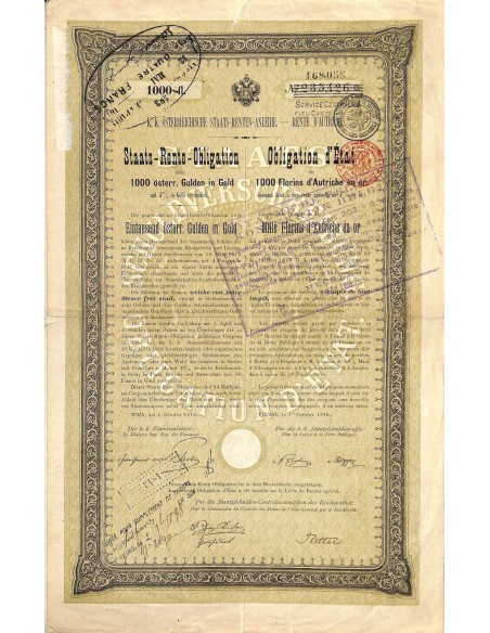 1876 - GOLD BOND K. K. OSTERR. STAATS-RENTEN-ANLEIHE - 1000 FIORINI ORO