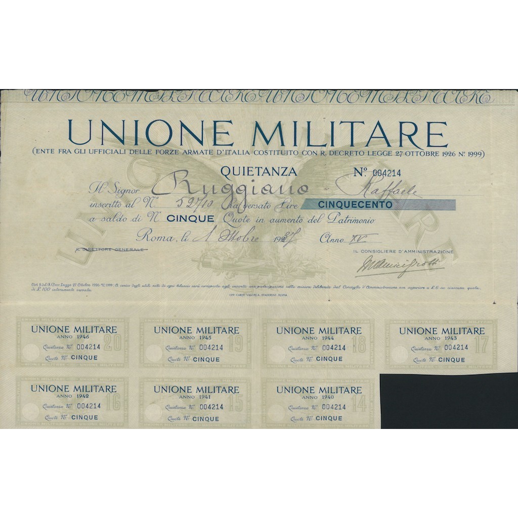 UNIONE MILITARE - 5 QUOTE DI PATRIMONIO ROMA 1927