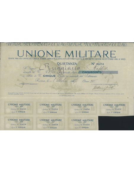 UNIONE MILITARE - 5 QUOTE DI PATRIMONIO ROMA 1927