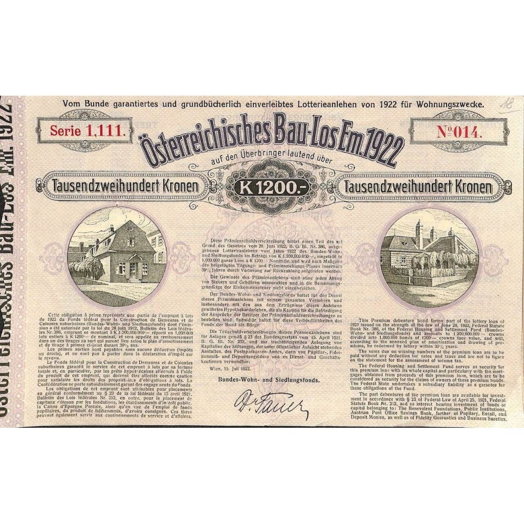 1922 - OSTERREICHISCHES BAU-LOS EM. 1922
