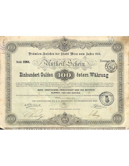 1874 - GOLD BOND PRAMIEN-ANLEHEN DER STADT WIEN VOM BAHRE