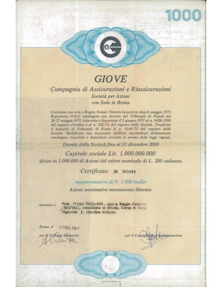 GIOVE COMPAGNIA DI ASSICURAZIONI E RIASSICURAZIONI - 1000 AZIONI ROMA 1981