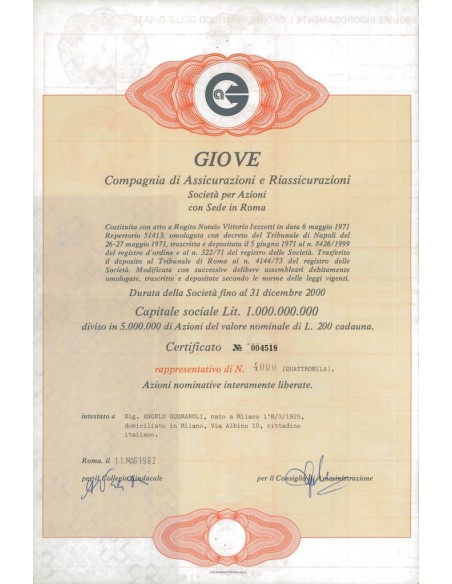 GIOVE COMPAGNIA DI ASSICURAZIONI E RIASSICURAZIONI - 4000 AZIONI ROMA 1981