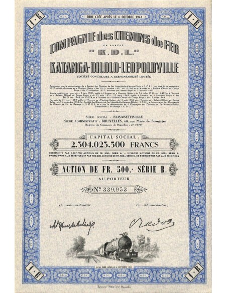 1952 - COMP. DES CHEMINS DE FER K.D.L. KATANGA-DILOLO-LEOPOLDVILLE