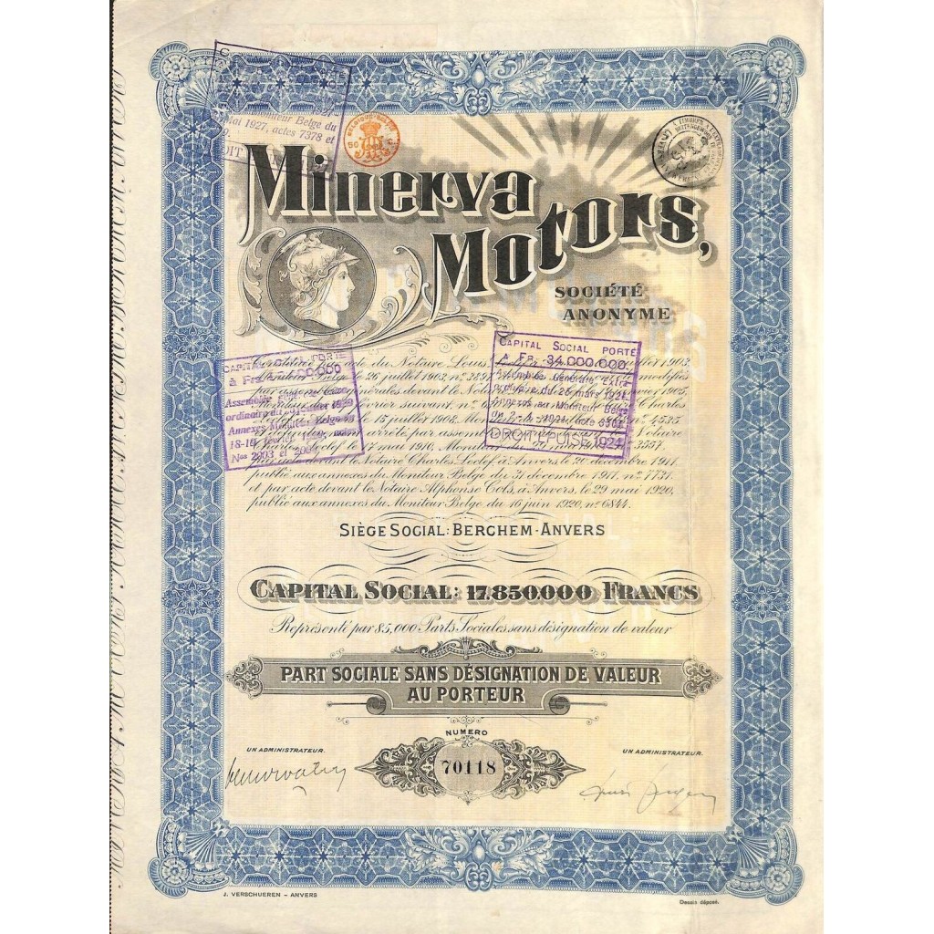 1911 - MINERVA MOTORS S.A. - PART SOCIAL SANS DESIGNATION DE VALEUR AU PORTEUR