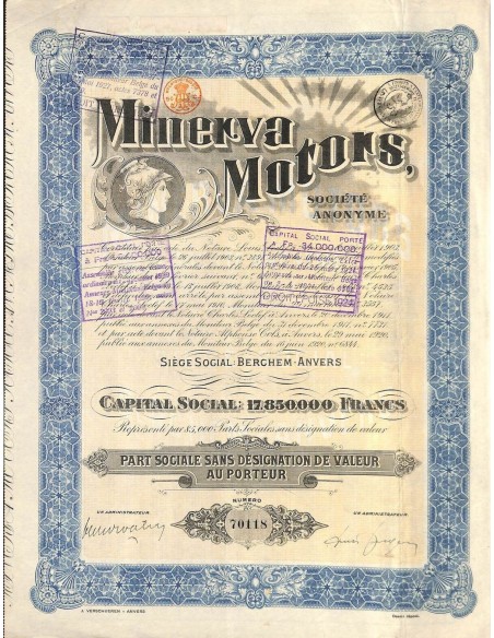 1911 - MINERVA MOTORS S.A. - PART SOCIAL SANS DESIGNATION DE VALEUR AU PORTEUR