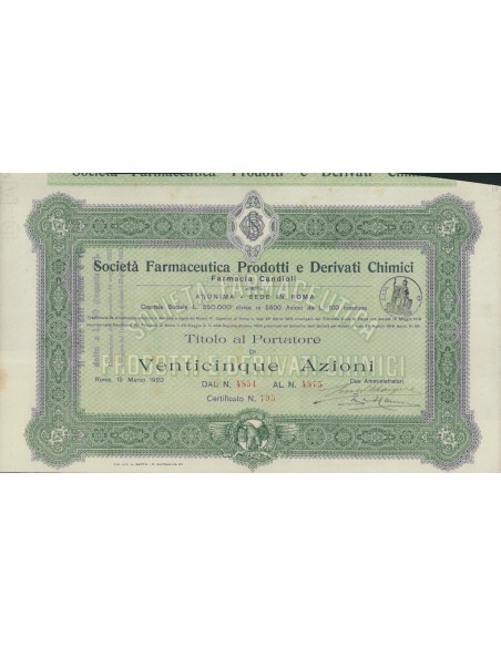 SOC. FARMACEUTICA PRODOTTI E DERIVATI CHIMICI - 25 AZIONI ROMA 1920