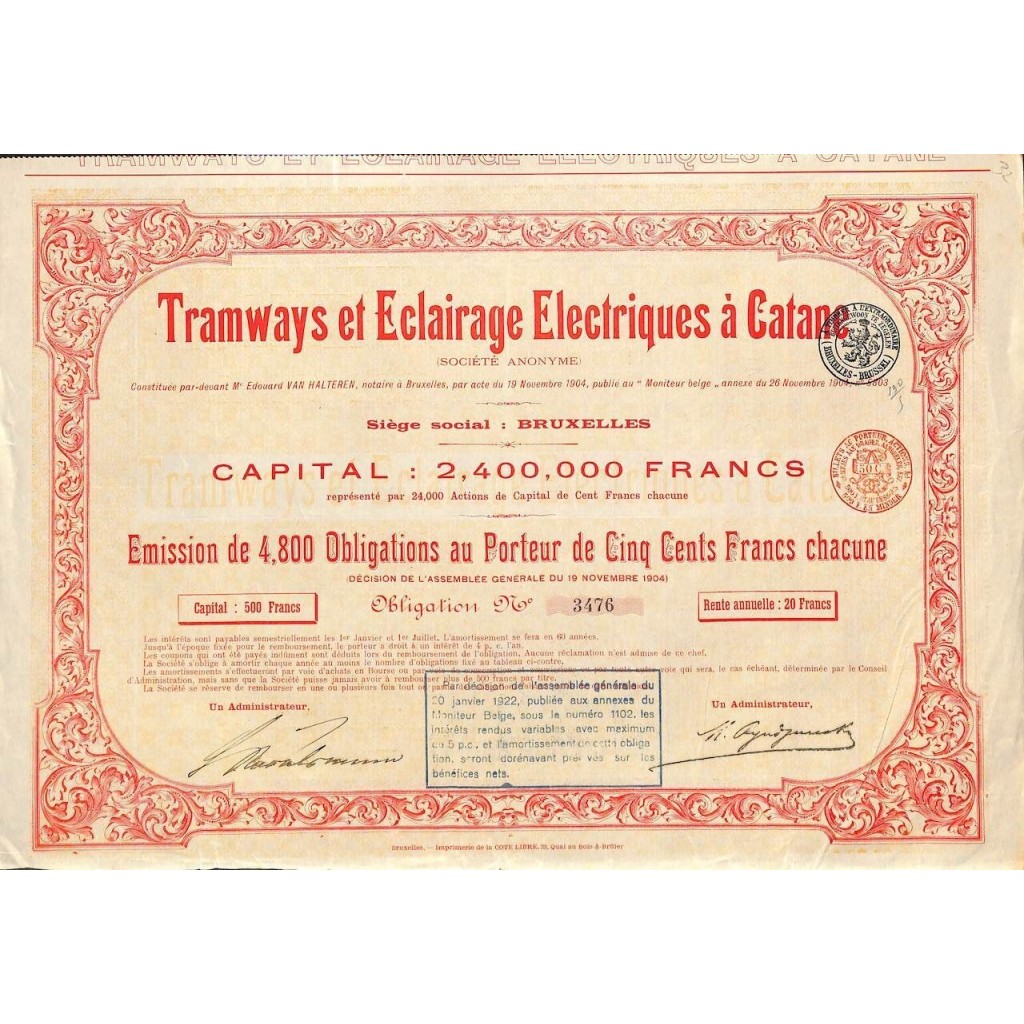 1904 - TRAMWAYS ET ECLAIRAGE ELECTRIQUES A CATANE Obbligazione da 500 Frs.