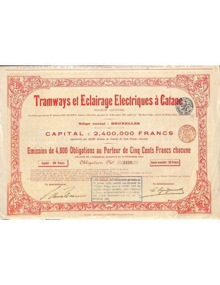 1904 - TRAMWAYS ET ECLAIRAGE ELECTRIQUES A CATANE Obbligazione da 500 Frs.