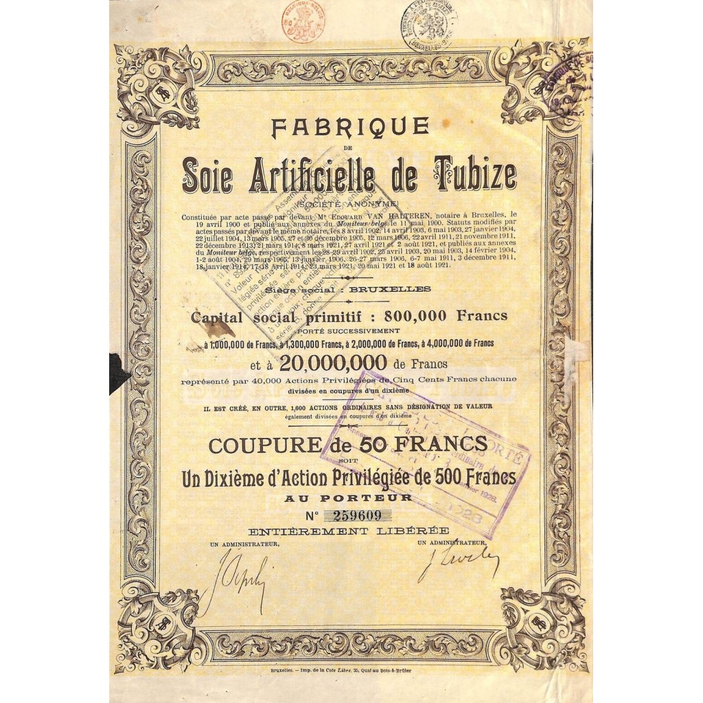 1928 - FABRIQUE DE SOIE ARTIFICIELLE DE TUBIZE