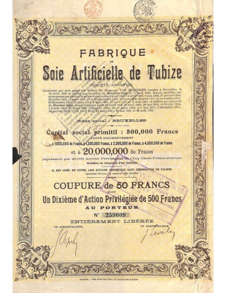 1928 - FABRIQUE DE SOIE ARTIFICIELLE DE TUBIZE