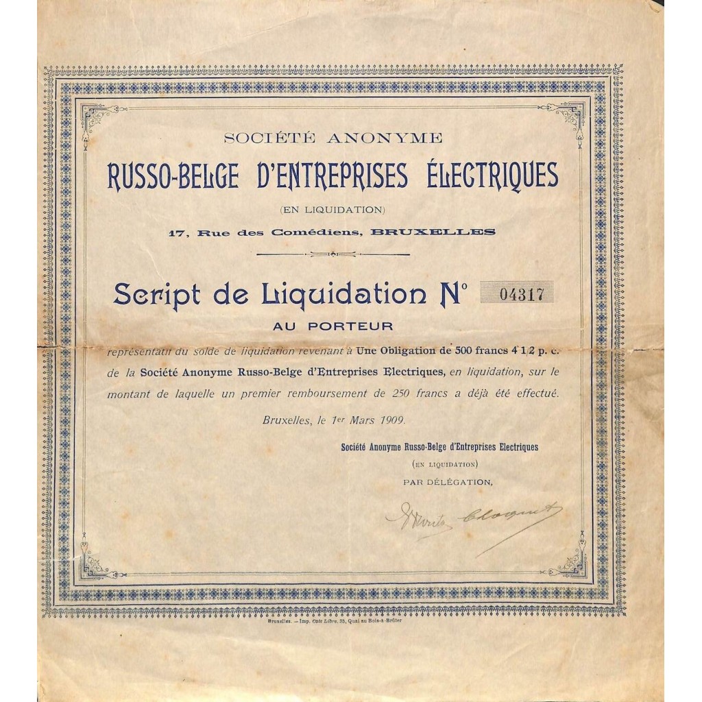 1909 - RUSSO-BELGE D'ENTREPRISES ÉLECTRIQUES...