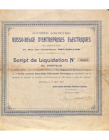 1909 - RUSSO-BELGE D'ENTREPRISES ÉLECTRIQUES SOC ANON.